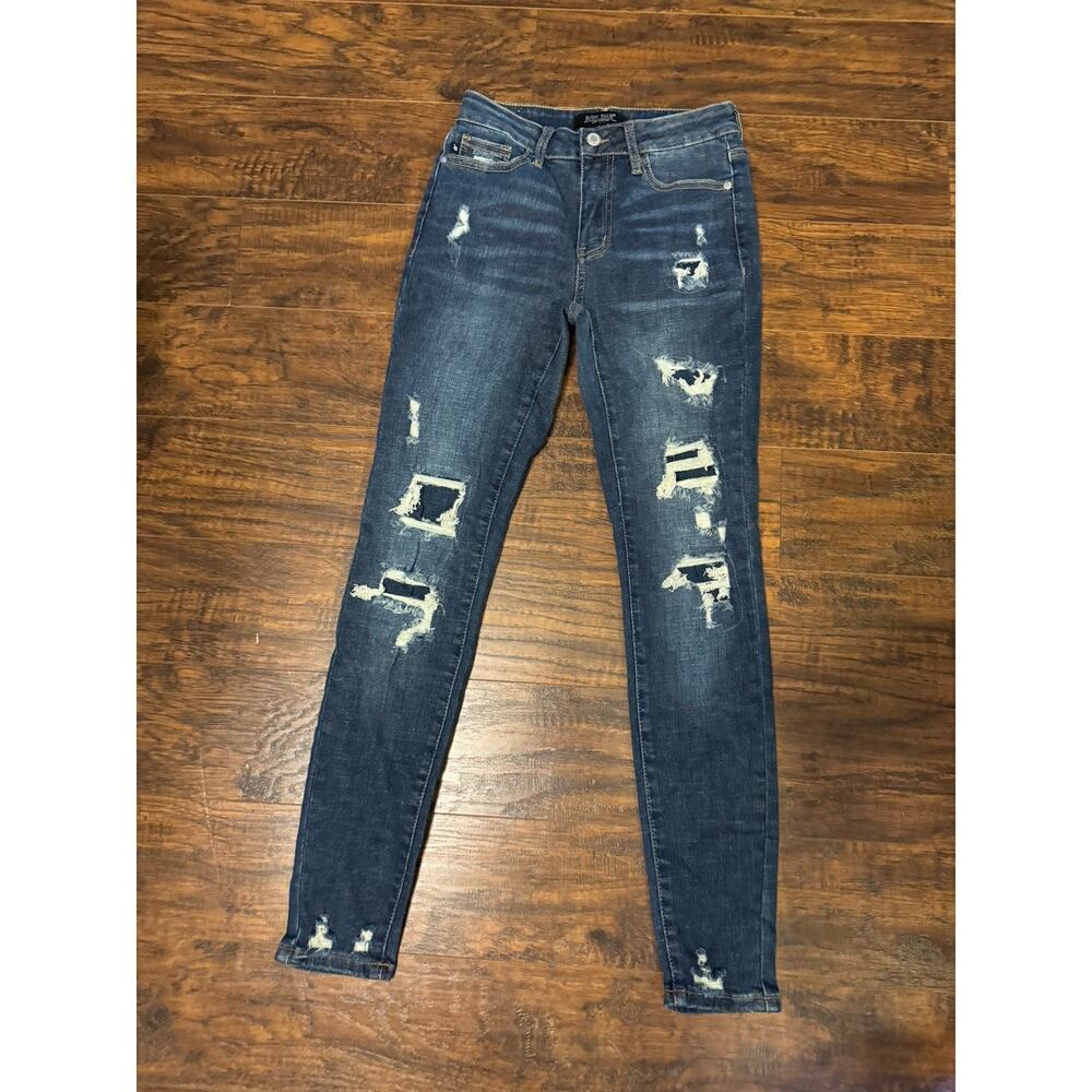 Judy Blue Jeans Womens 1/25 Skinny Fit Blue Distressed Whiskered Stretch